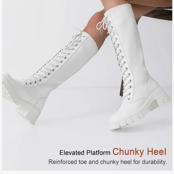 Women's White Knee-High Lace-Up Boots PU and Knit Material New - Picture 7 of 16